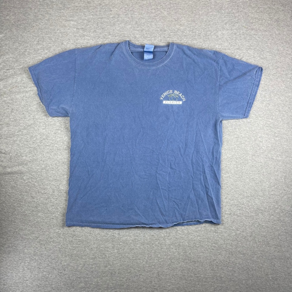 Gildan Venice Beach Florida TShirt Mens Blue Embroidered Palm Trees Souvenir Tee